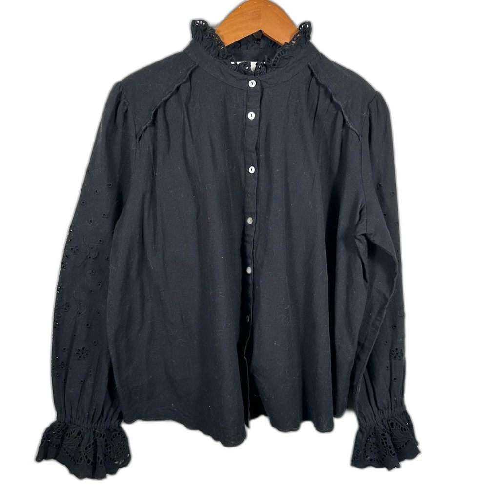 Ba&sh Black Cotton Ruffle Neckline Lady Shirt Size 6 Sophisticated Cottagecore